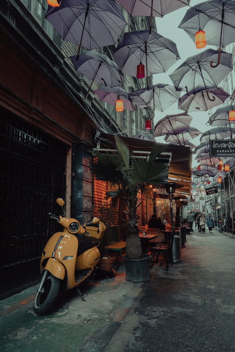 Yellow Motor Scooter Parked Beside a Store